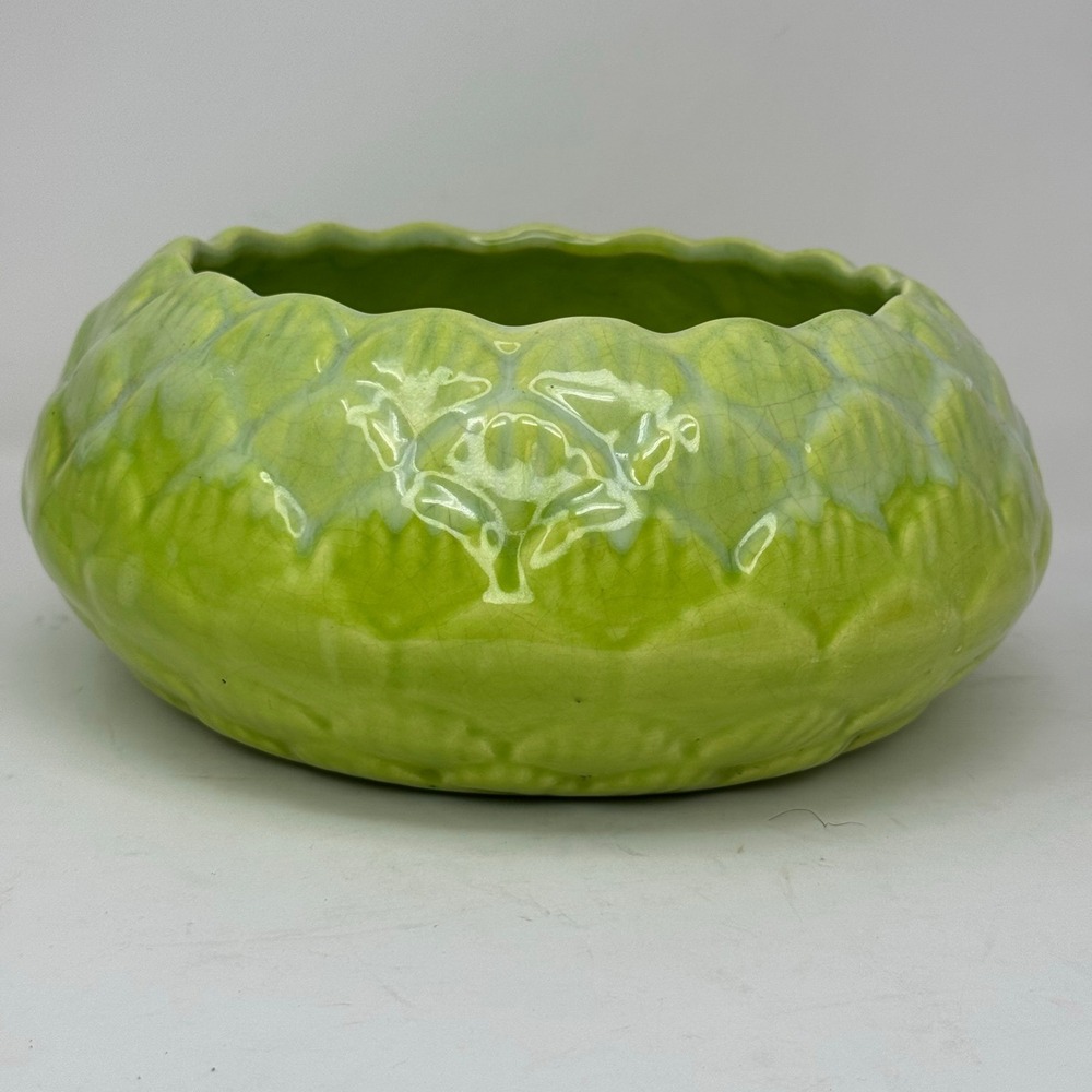 Moreno Ceramics Vintage Green Cracked Glaze Low Bowl Planter Dish USA MCM Retro